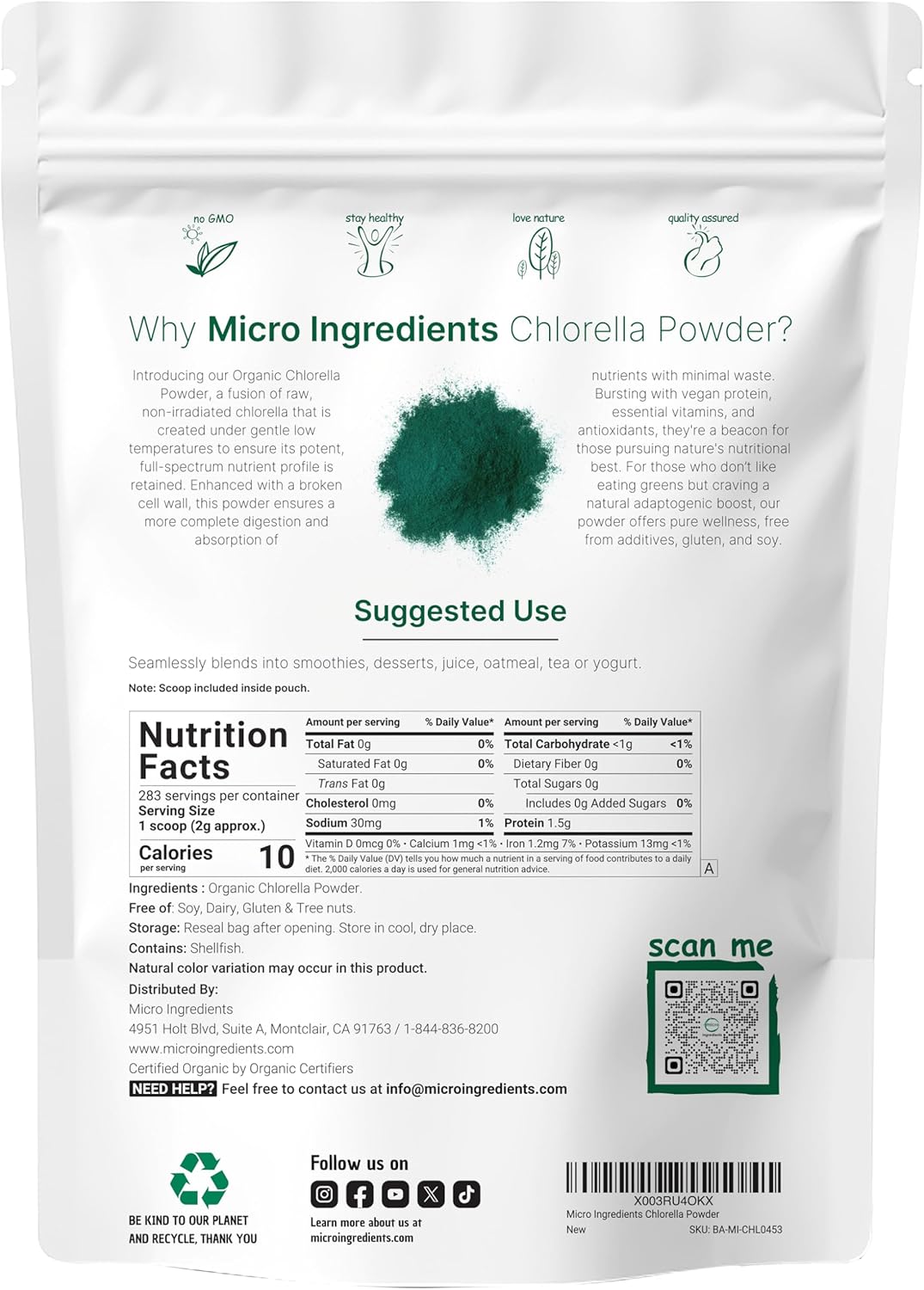 Micro Ingredients Organic Chlorella Powder 20 ounces packaging, featuring broken cell wall raw superfood rich in vegan protein and vitamins, non-GMO vegan supplement for complete absorption.