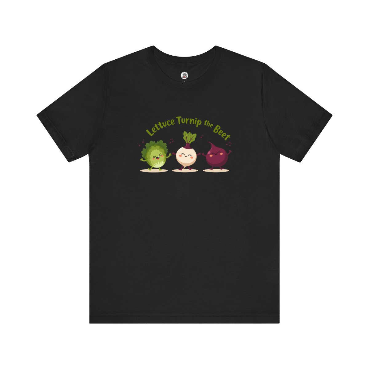 Funny Veggie T-Shirt with "Lettuce Turnip the Beet" text in bold, colorful design on a Bella+Canvas unisex jersey short-sleeve tee, made from 100% Airlume cotton for gardeners and veggie lovers.